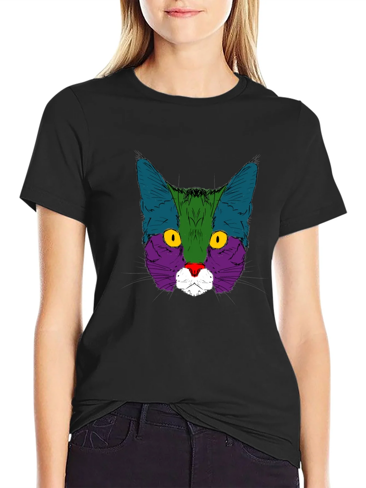 Colorful Cat Graphic Black T-Shirt product image 5
