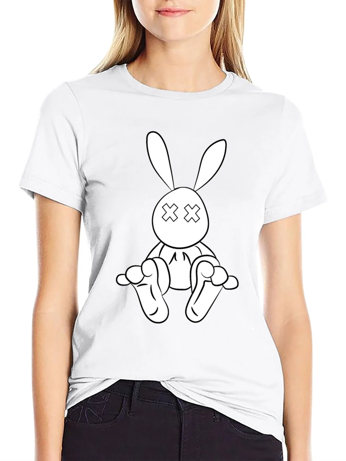 Black T-Shirt with Cartoon Rabbit Graphic product image 11