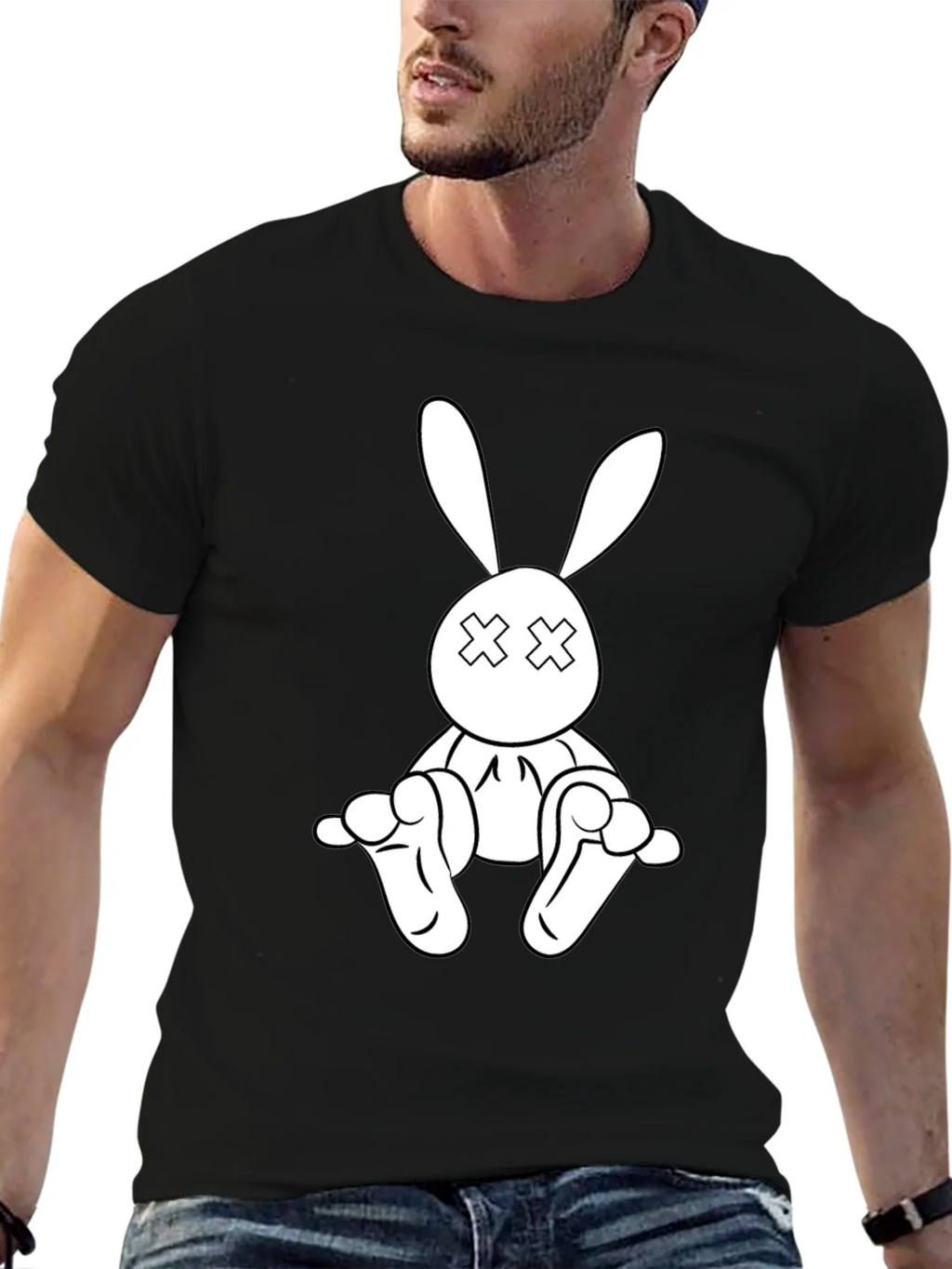 Black T-Shirt with Cartoon Rabbit Graphic product image 9