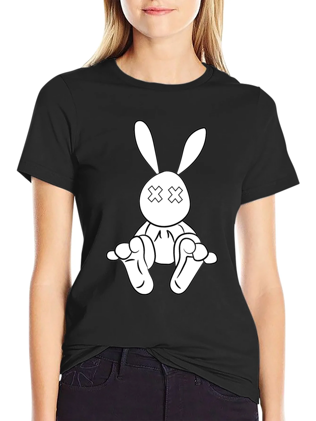 Black T-Shirt with Cartoon Rabbit Graphic product image 5