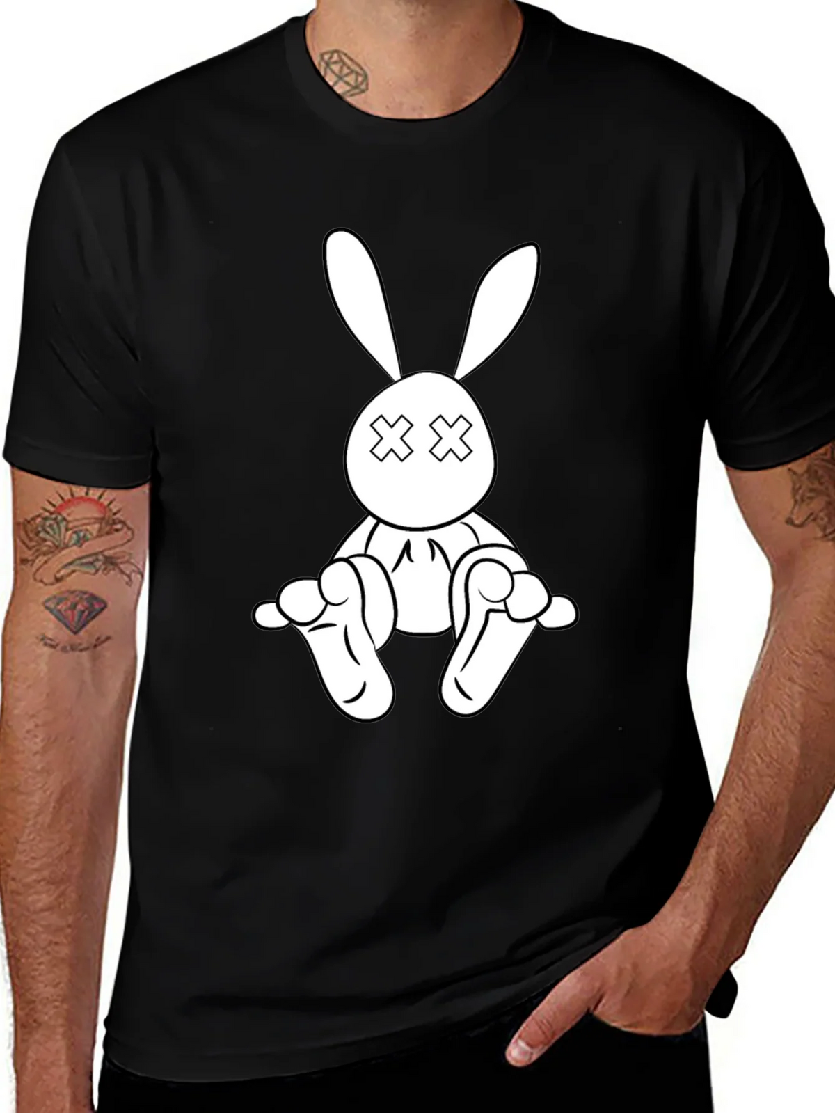 Black T-Shirt with Cartoon Rabbit Graphic product image 1